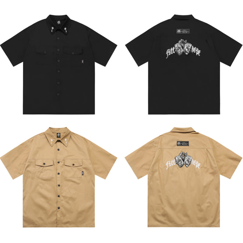 Stone Wash T shirt Clown Mask Embroidery Loose Tooling Shirt Short Sleeve