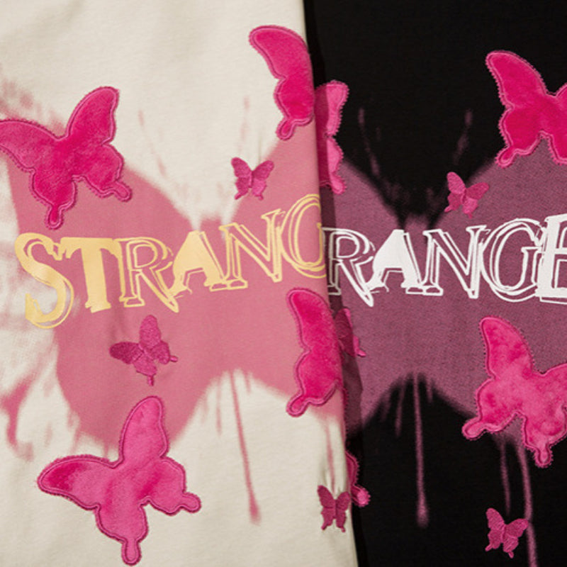 Vintage T Shirts Hip Hop Butterfly Patch Embroidered Long Sleeve T-Shirt