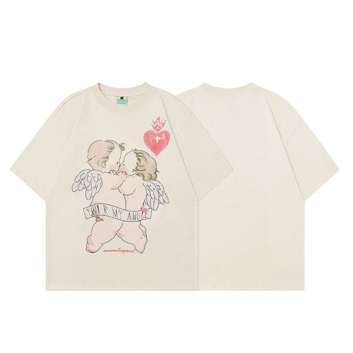 90s West Coast Hip Hop Fashion T Shirts Cartoon Angel Print Half-Sleeve Top