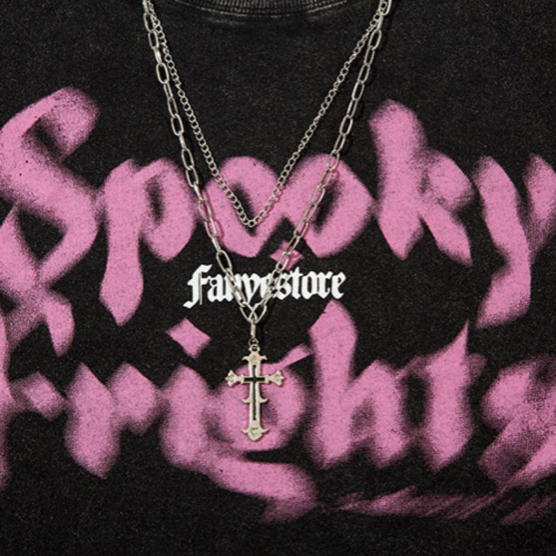Vintage T Shirts Hip Hop Vintage Necklace Embellished Alphabet Print Long Sleeve T-Shirt