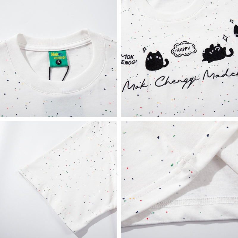 Nyc T-Shirt Vintage Kitten Embroidered Short Sleeve T-Shirt Summer Loose Casual Top