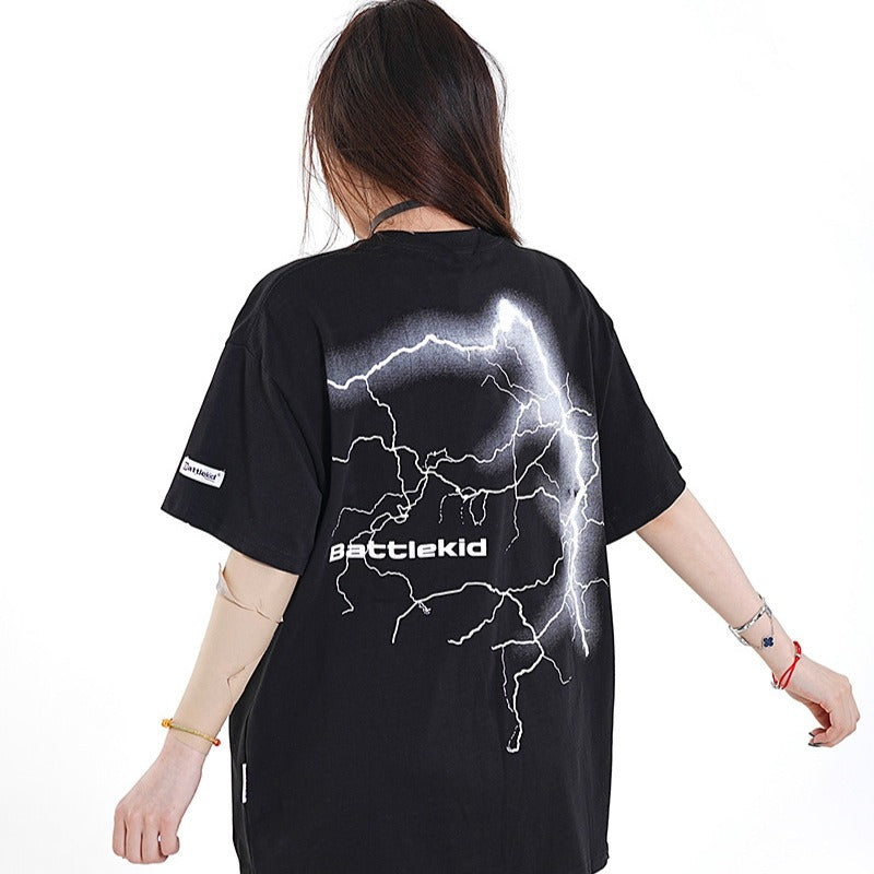 Vintage Tišö Rt Lightning Letter Print Summer Short Sleeve T-Shirt