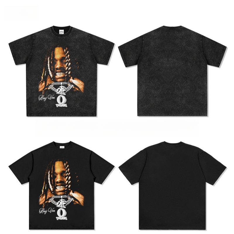 Streetwear masculino vintage hip hop King Von print short sleeve t-shirt