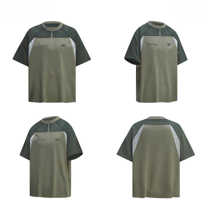 80s And 90s Vintage T Shirts Vintage Contrast Splicing Zipper Quick-Drying Short Sleeve T-Shirt