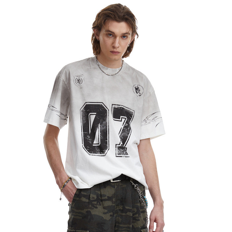 US drip outfits summer retro gradual change pattern casual loose short sleeve T-Shirts
