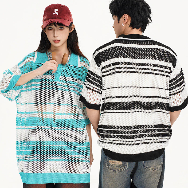 Nyc 1990 Shirt Casual Loose Knitted Sweater POLO Neck Lapel Hollow Stripe