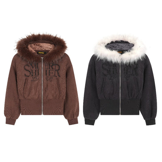 Unisex Down Jacket Winter Fur Collar Corduroy Short Jacket