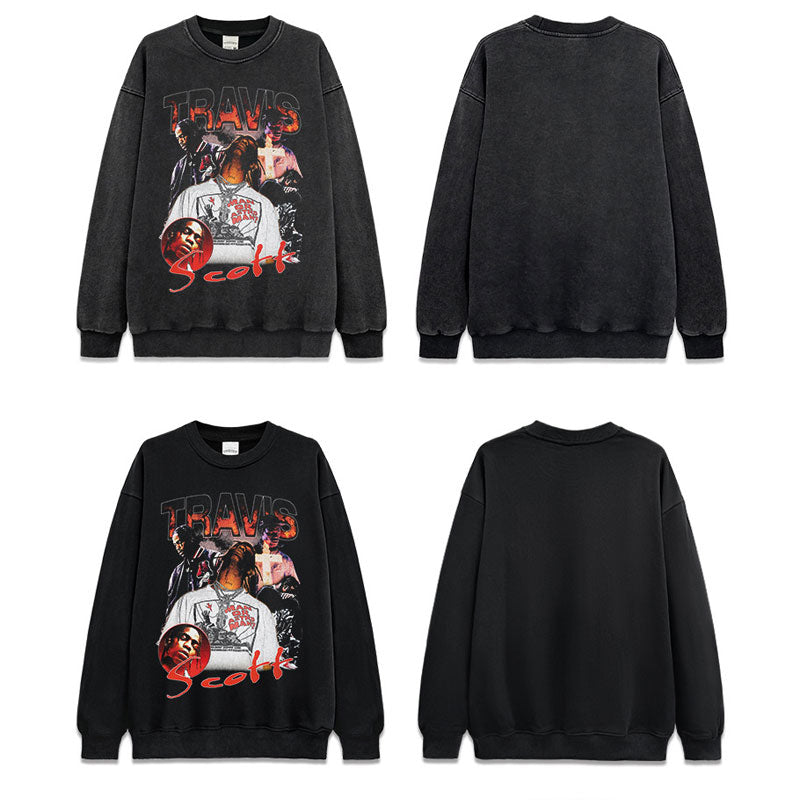 Marcas streetwear usa vintage TRAVIS SCOTT print crew neck sweater loose