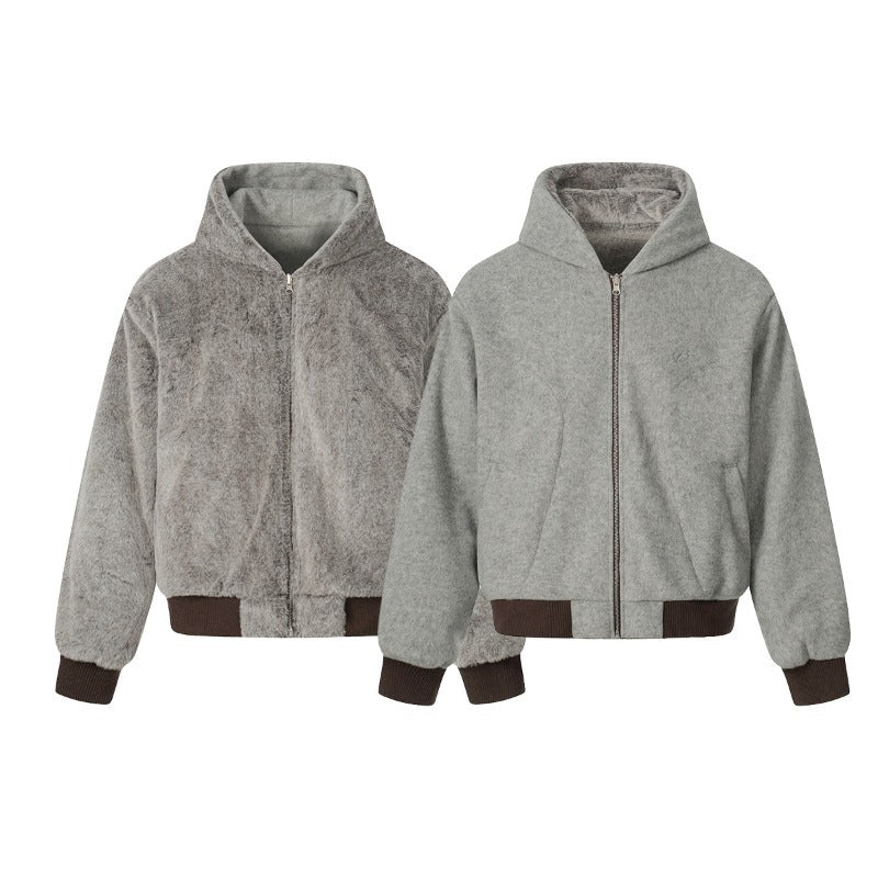 Unisex Down Jacket Winter Double Sided Fleece Hooded Jacket Men
