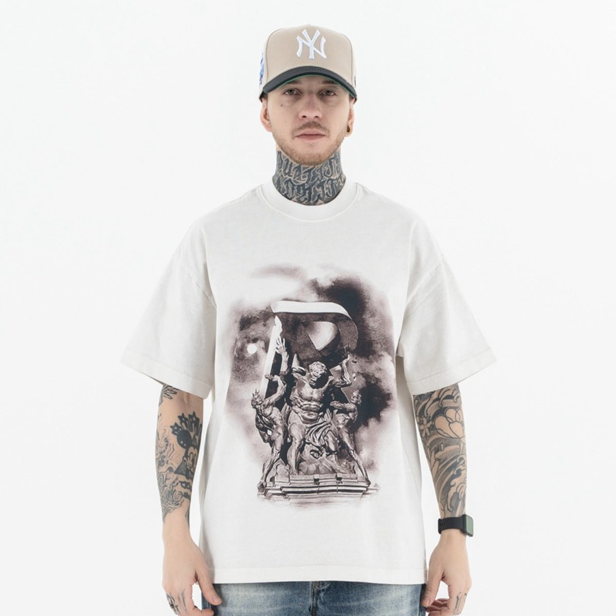 Vintage College Shirts summer gradual change print wash round neck short sleeve T-shirt