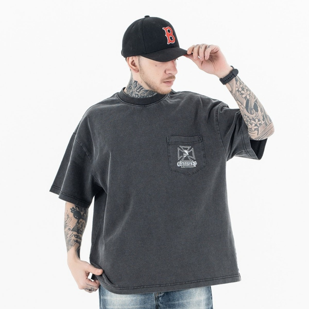 Vic Streetwear Summer Skull Wash Crew Neck Short Sleeve T-Shirt