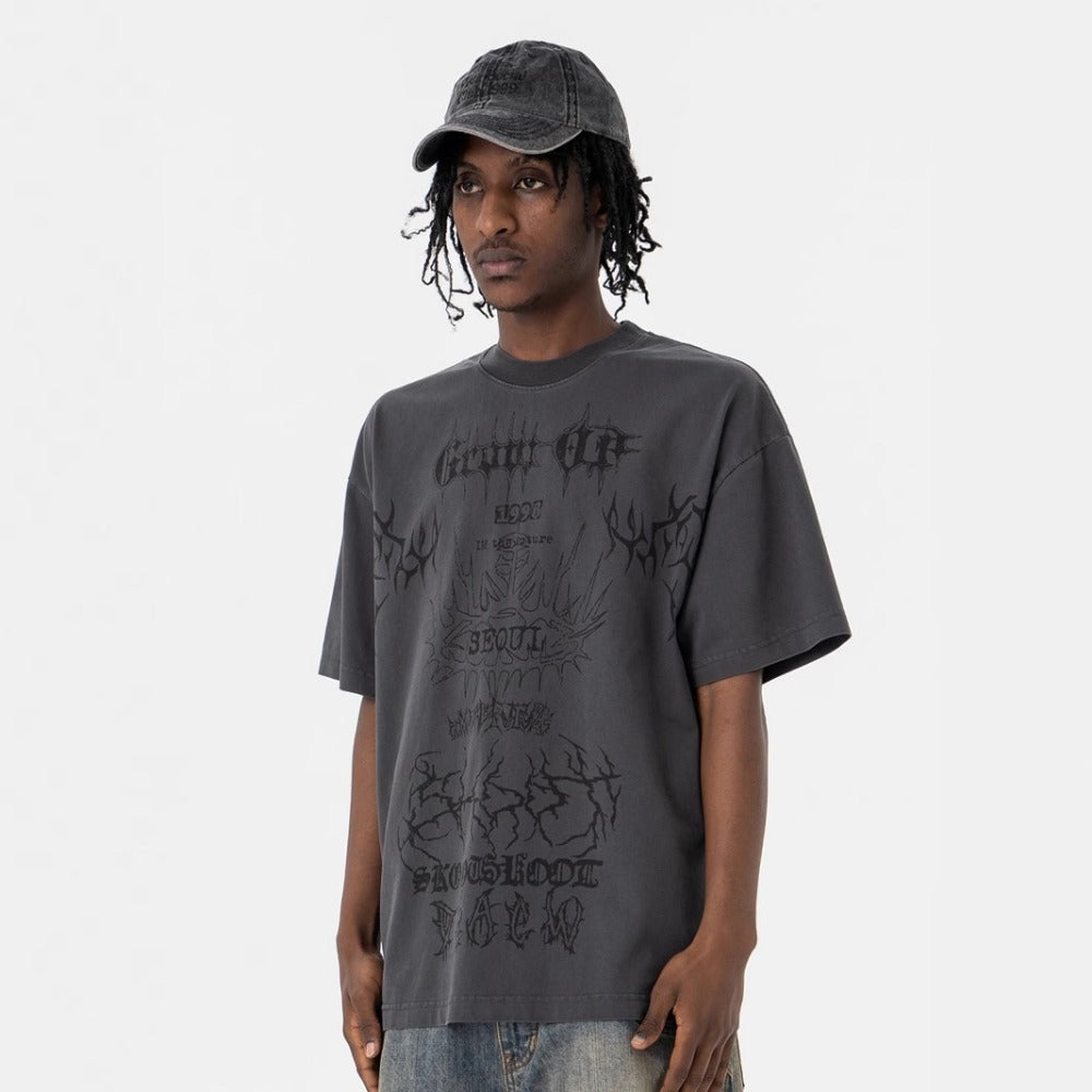 Vic Streetwear Summer Wash Graffiti Letter Print Casual Crew Neck Short Sleeve T-Shirt