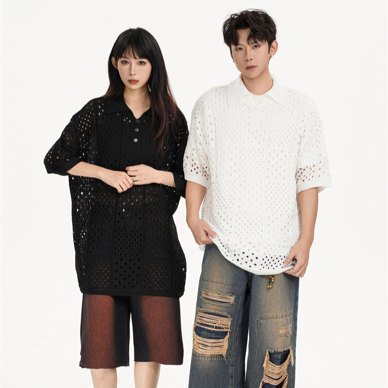 Camisas Retros Vintage Lapel Hollow Sweater Summer Loose Pullover Knitwear Short Sleeves