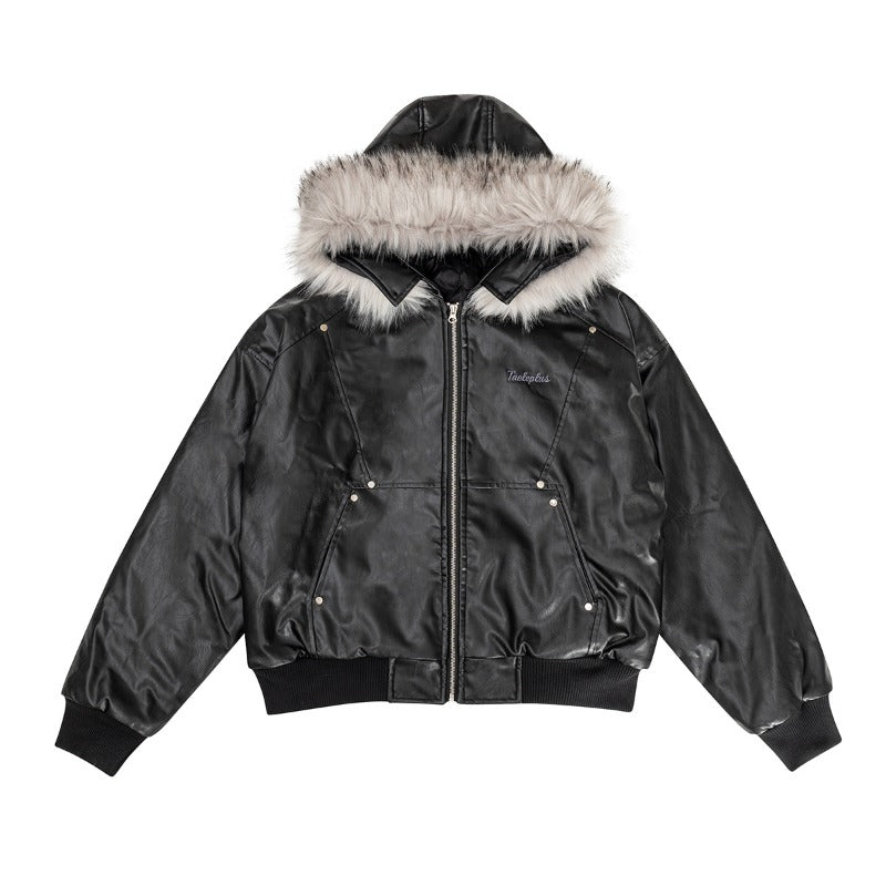 Unisex Down Jacket Vintage Leather Padded Fur Collar Jacket