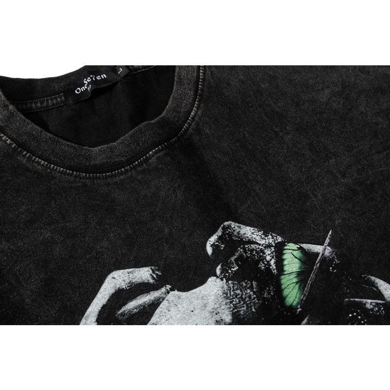 Hip Hop Clothing Summer Short Sleeve Hip Hop Wash T-Shirt Skull Skeleton Print