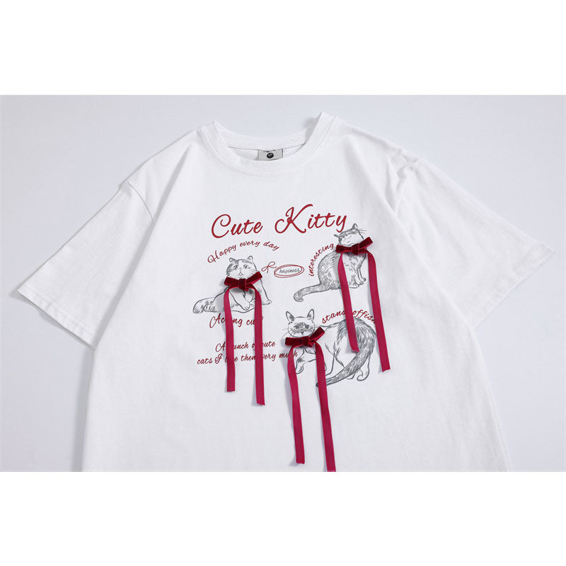 Camisetas streetwear Summer Vintage Kitten Butterfly Tassel Casual Loose Short Sleeve T-Shirt