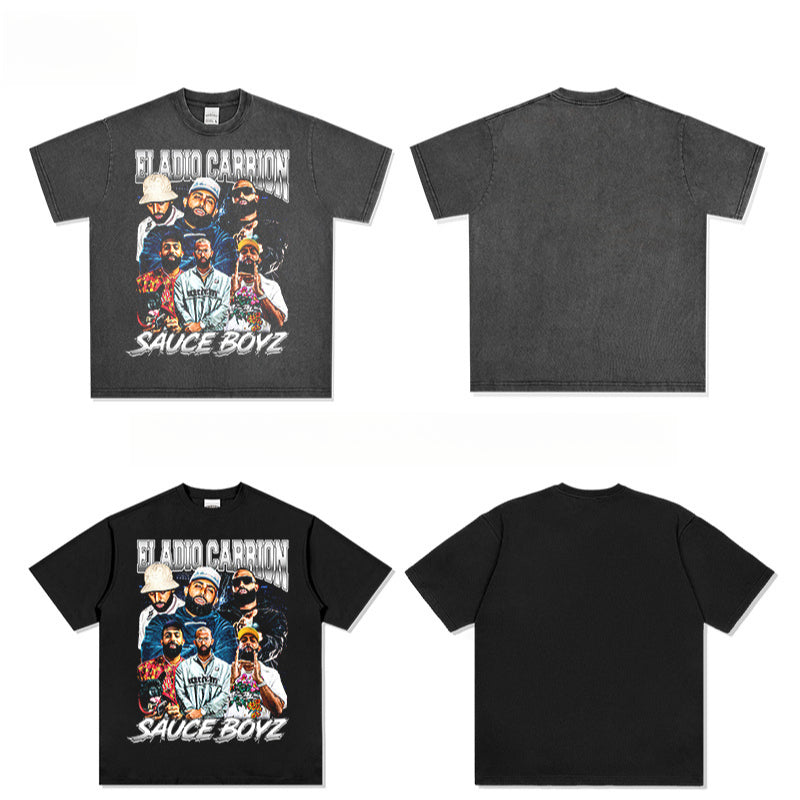 Outfit streetwear hip hop Eladio Carrion print short sleeve t-shirt