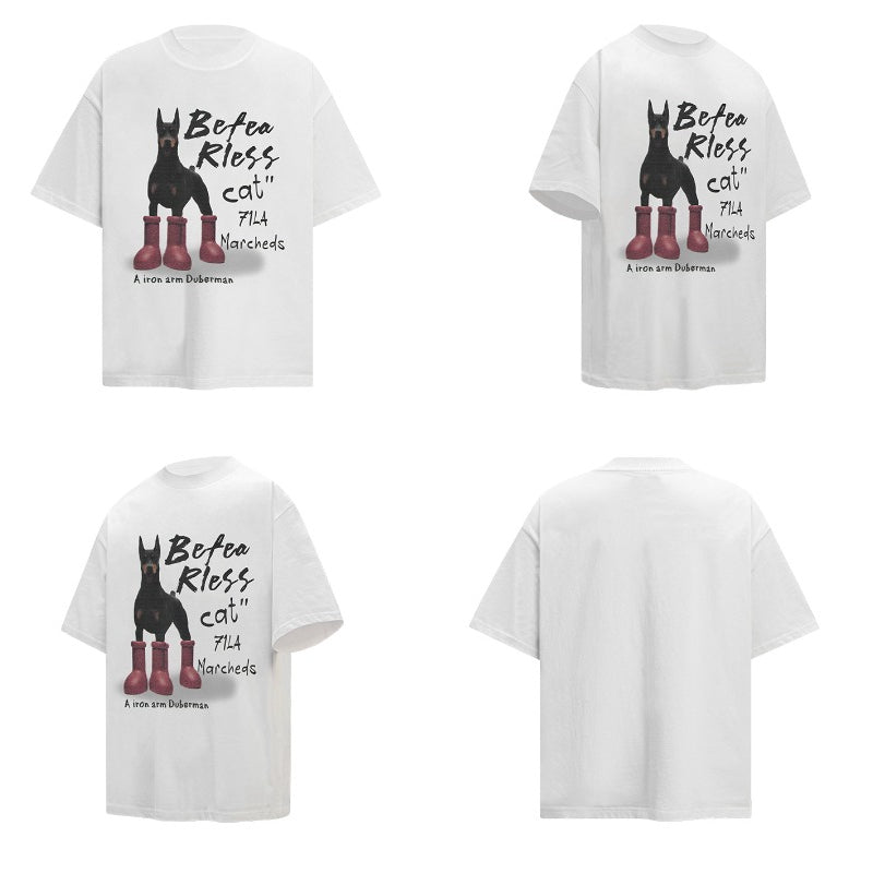 80s And 90s Vintage T Shirts Vintage Washing Water Old Red Boots Puppy Short Sleeve Crew Neck T-Shirt