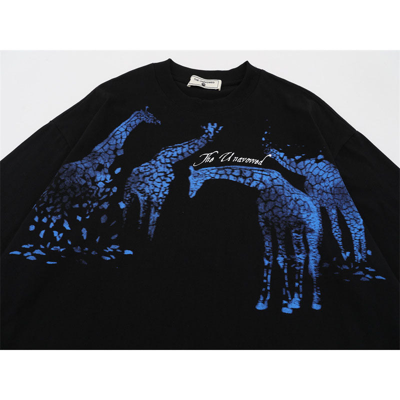 US drip outfits summer vintage giraffe print casual loose short sleeve T-Shirts