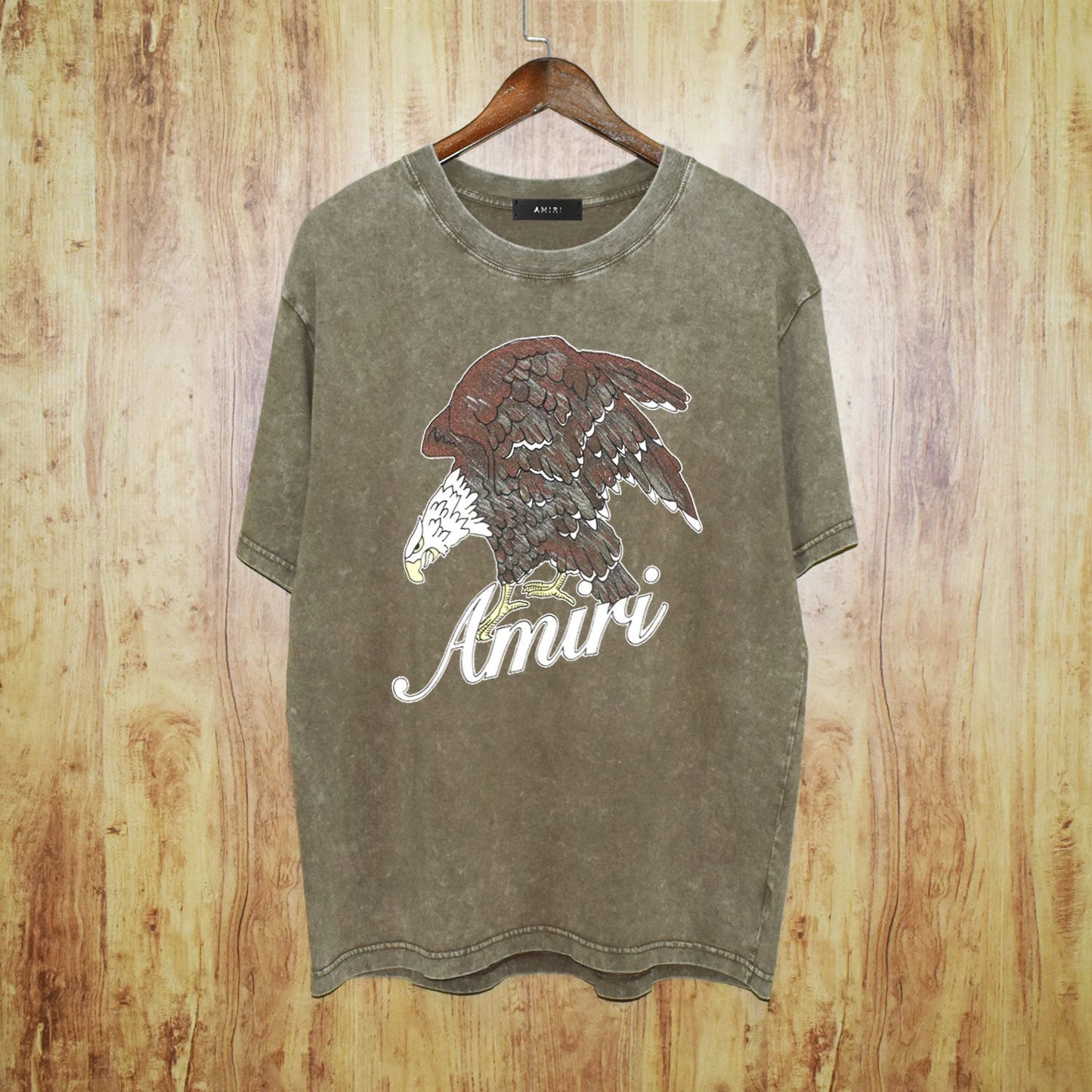 Amiri washed t-shirt brown flying eagle printing short sleeve
