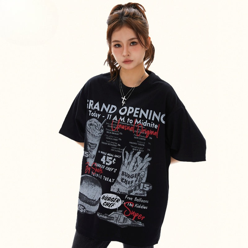 90s West Coast Hip Hop Fashion T Shirts Burger Fries Print Spring Summer Short Sleeve T-Shirt