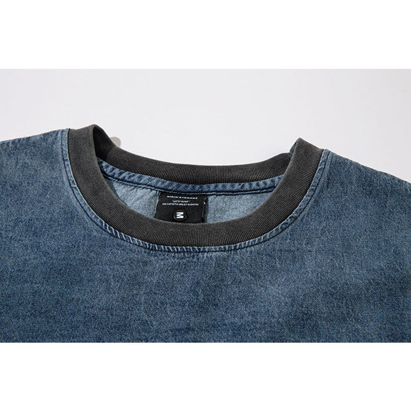 Marcas De Streetwear Vintage Embroidered Washed Denim Long Sleeve T-Shirt