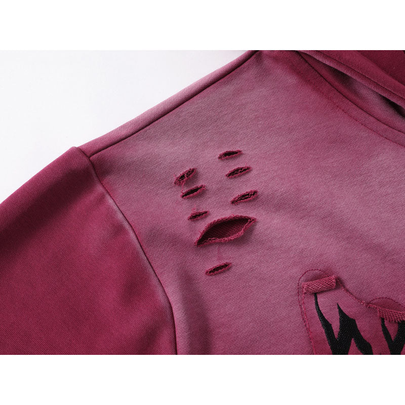 Streetwear Hoodie embroidery gradual change color hooded sweater vintage washed do old ripped hoodie