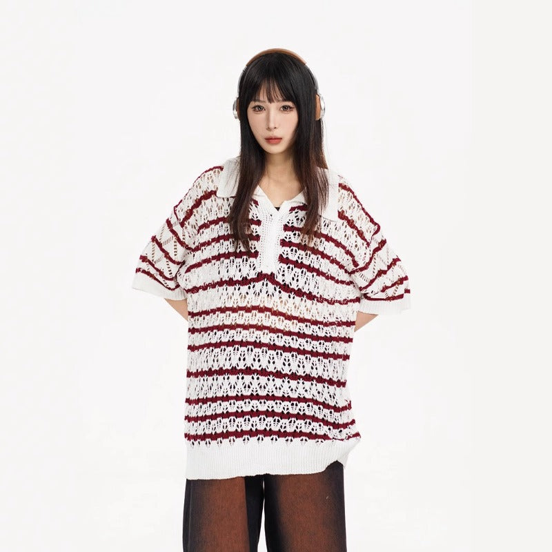 Nyc 1990 Shirt Summer Vintage Striped Knitted Hollow POLO Shirt Lapel