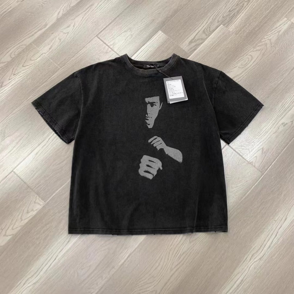 Streetwear Eua t shirt cleanfit Bruce Lee portrait washed old ripped loose t-shirt