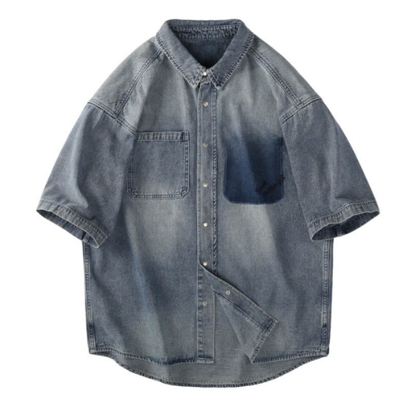 Men T-shirts Vintage Denim Shirt Short Sleeve Summer Loose