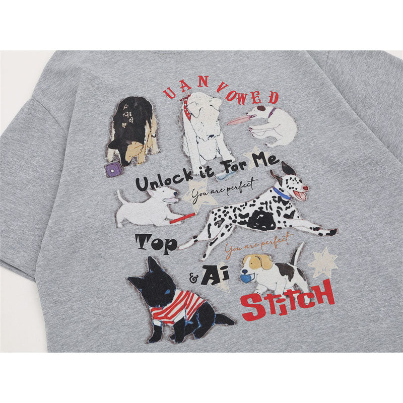 US drip outfits summer vintage doggy print casual loose short sleeve T-Shirts