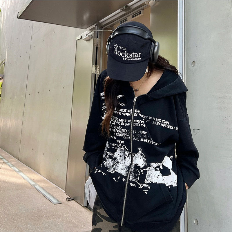 Streetwear Hoodie Vintage Washed Old Letter Print Hooded Sweater Cardigan Jacket