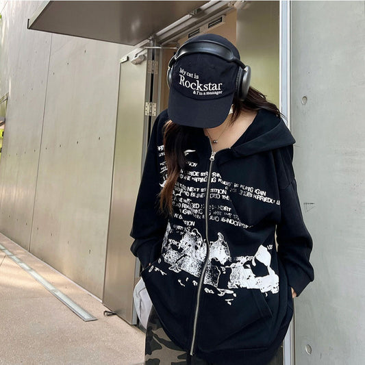 Streetwear Hoodie Vintage Washed Old Letter Print Hooded Sweater Cardigan Jacket