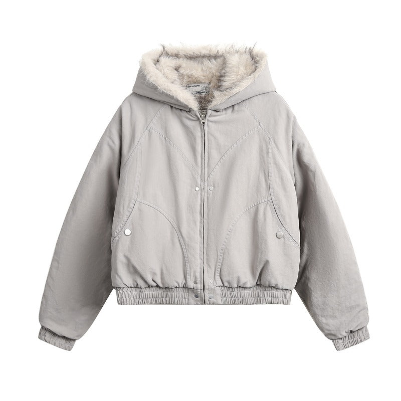 Unisex Down Jacket Winter Fleece Vintage Thermal Hooded Fur Collar Jacket