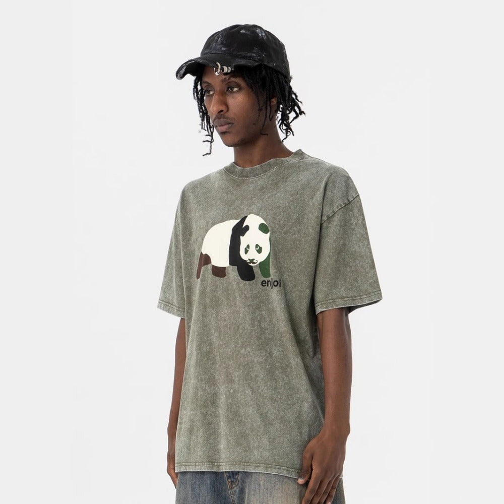 Vic Streetwear Summer Panda Print Washing Water Retro Short Sleeve T-Shirt