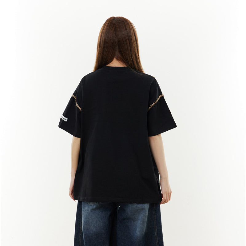 Camisas Retros Vintage Patch Embroidered Short Sleeve T-Shirt Oversize Top