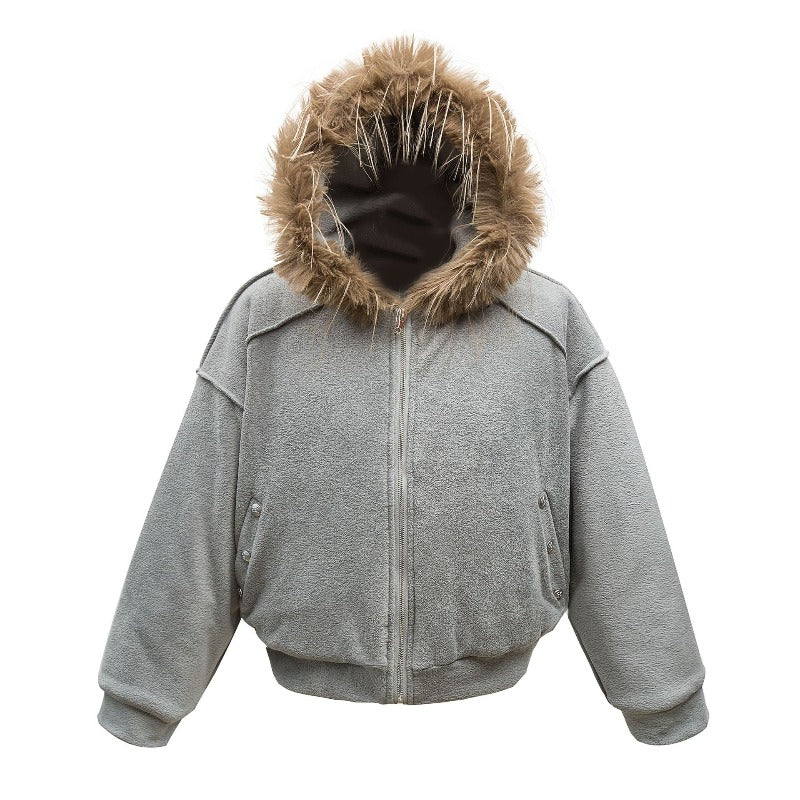 Unisex Down Jacket Winter Fur Collar Vintage Lamb Down Warm Padded Jacket