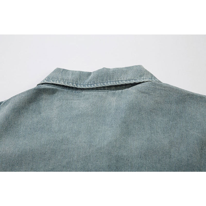 Marcas De Streetwear Washed Old POLO Shirt Loose Denim Long Sleeve T-Shirt