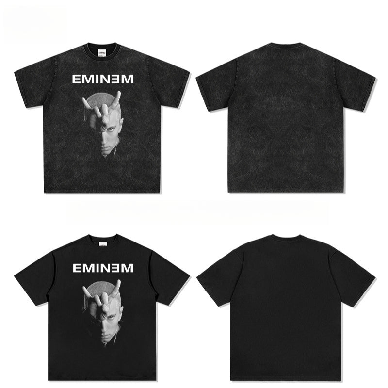 Streetwear masculino hip hop emperor Eminem vintage washed do old short sleeve t-shirt