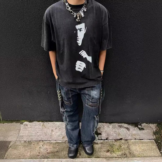 Streetwear Eua t shirt cleanfit Bruce Lee portrait washed old ripped loose t-shirt