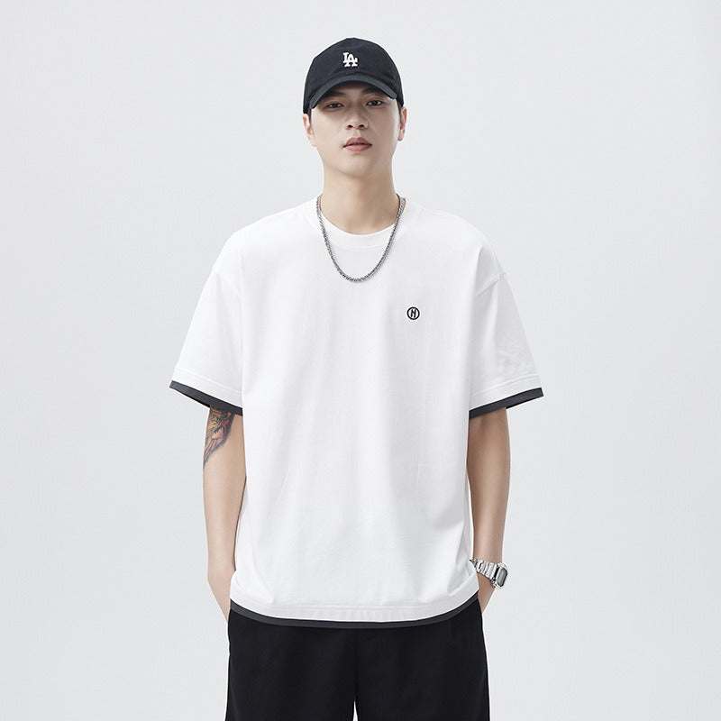 Men T-shirts Fake two-piece short-sleeved summer loose top