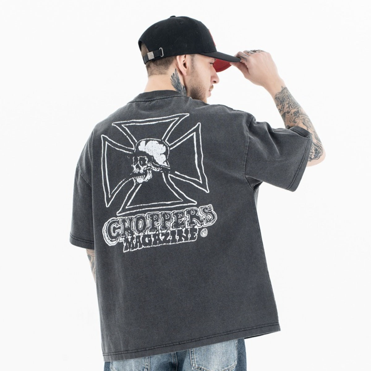 Vic Streetwear Summer Skull Wash Crew Neck Short Sleeve T-Shirt