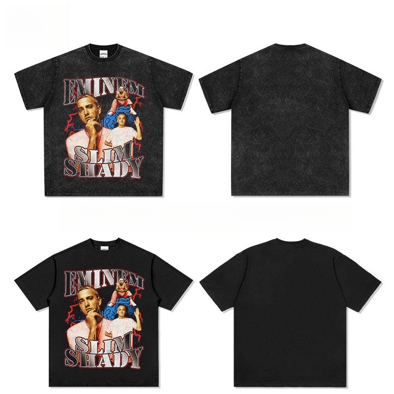Cool t rapper Eminem Printed Hip Hop Short Sleeve Washed Old T-Shirt