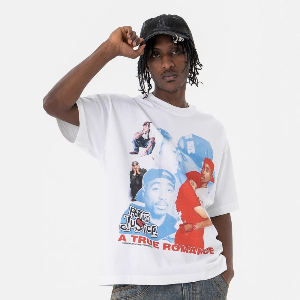 Vintage College Shirts Summer Hip Hop Portrait Letter Print Crew Neck Short Sleeve T-Shirt