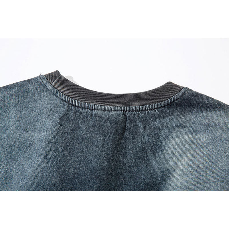 Marcas De Streetwear Vintage Old Alphabet Patch Embroidered Denim Long Sleeve T-Shirt