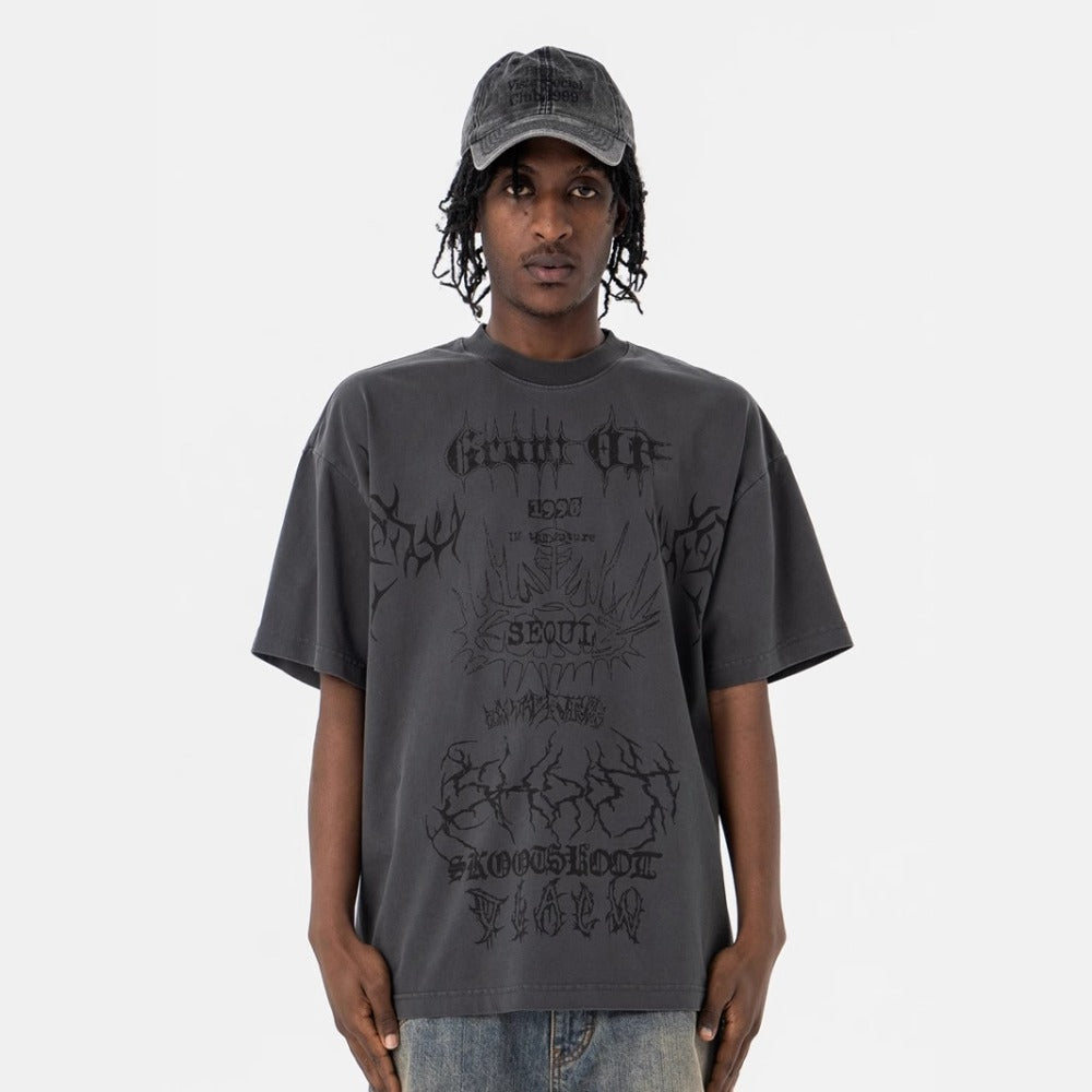 Vic Streetwear Summer Wash Graffiti Letter Print Casual Crew Neck Short Sleeve T-Shirt
