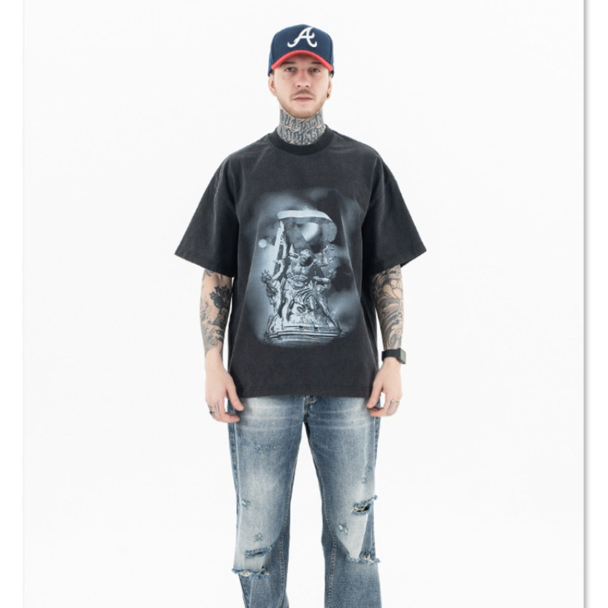 Vintage College Shirts summer gradual change print wash round neck short sleeve T-shirt