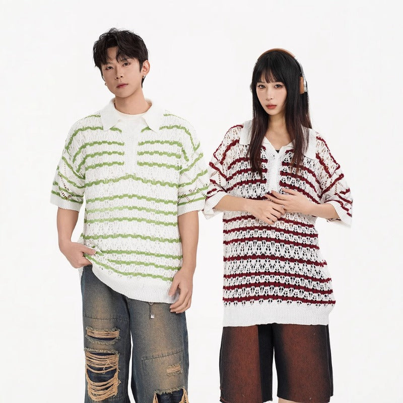 Nyc 1990 Shirt Summer Vintage Striped Knitted Hollow POLO Shirt Lapel