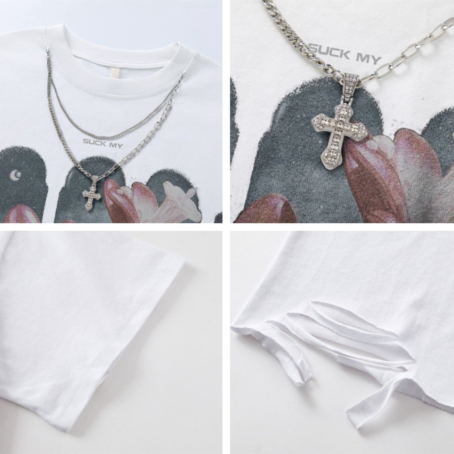 Distorted vintage floral print ripped short sleeve crew neck t-shirt