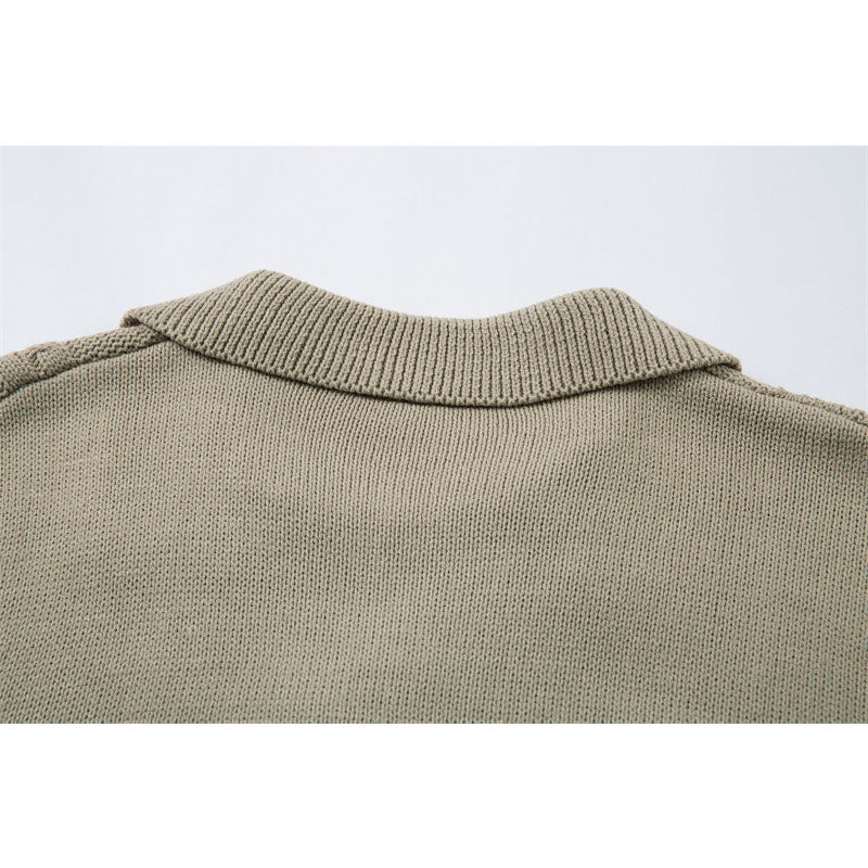Casual Street Wear Vintage V-Neck Knitted Polo Shirt Short Lapel T-Shirt